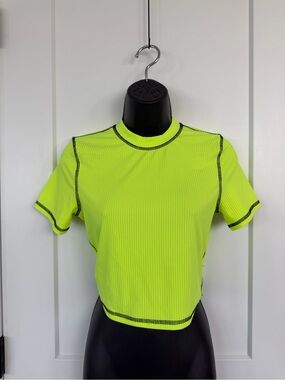 Urbanic Neon Lime Ribbed stretchy high scoop neck Contrast-Stitch Crop Top sz M